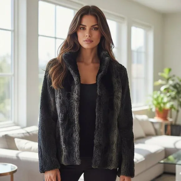 BETSEY JOHNSON Faux Fur Jacket L Super Soft Teddy Black Gray Animal Fuzzy Soft - Picture 1 of 10